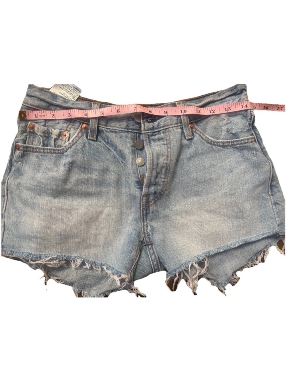 Levi’s 501 Cutoff Shorts Light Wash Distressed Raw Hem Button Fly Measured - Picture 11 of 11